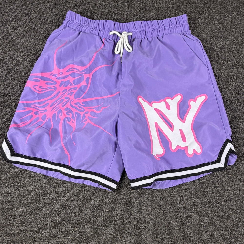 Romwe Shorts Mens L Graphic NY Splatter Purple Athletic EUC